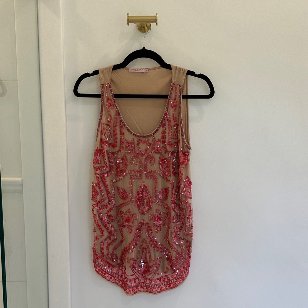 Calypso St. Barth Tan and Pink Embellished Top